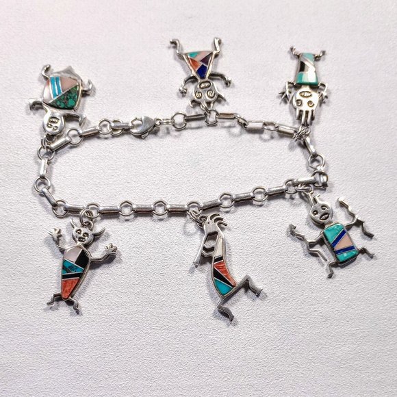 Rock kritters Native American vintage sterling silver 6 charm bracelet